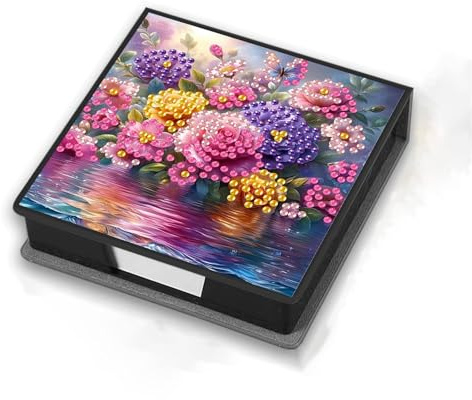 CXINLky Diamond Art Zettelbox aus Leder, Diamond Art Tier Blume Zettelkasten mit 160 Blatt weiss, Notizzettel Box, Zettelkasten für Zuhause, Büro-18-Blume