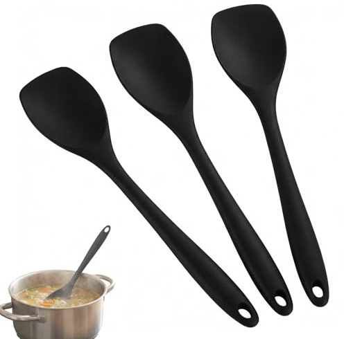 Cuchara de Silicona para Cocina, 3 Piezas, Resistentes al Calor hasta 210°C, 27,5 cm, Ideales para Utensilios Antiadherentes, Diseño Ergonómico y Fácil de Limpiar