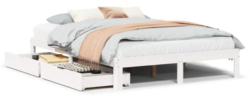 mtlskopl Massivholz Doppelbett Weiß 160x200 cm Kiefer mit Lattenrost und Rollschubladen, geräumiges Stauraumbett für Jugendzimmer, Gästezimmer, Schlafzimmer