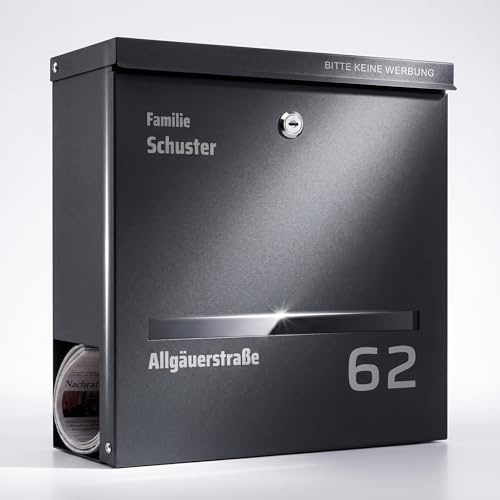 aBoXn - Personalisierter Briefkasten Anthrazit RAL7016 I Moderner Postkasten inkl. Sichtfenster & Keine Werbung I Langlebig mit Zeitungsfach I UV & Wetterbeständig Briefkästen I Wandbriefkasten Groß