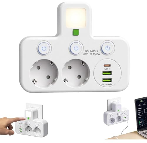 Kabellose Steckdosenleiste, mit Nachtlicht multifunktionale Adaptersteckdosenleiste, 2/3/4/5 Fach Mehrfachstecker–Einzelschalter–Ideal für Schlafzimmer, Büro, Reise (Weiß,2 Dosen (USB))