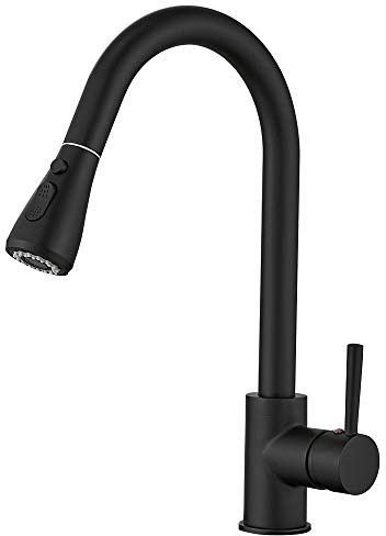 Heable Kitchen Sink Mixer Tap with Pull Down Sprayer Matte Black, Single Handle High Arc Pull Out Taps, Faucet with UK Standard Fittings