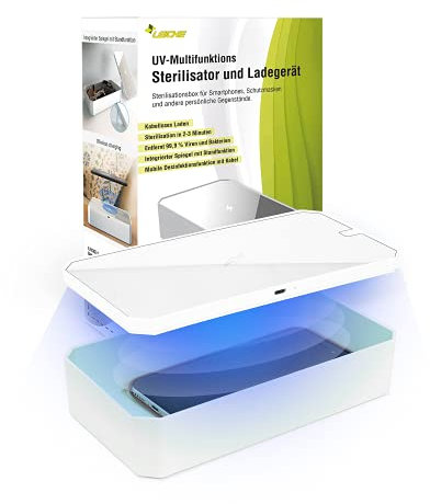 LEICKE UV Handy Sterilisator Box | Überbrückungshilfe III möglich | tragbares UV Smartphone Desinfektionsmittel mit Wireless Charge | Ideal für Masken, Handschuhe, Brillen, Schlüssel, Schmuck usw.