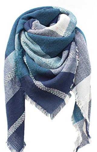 Tybiky Sciarpa da donna, a quadri, oversize, calda, morbida, lavorata a maglia, taglia XXL, poncho, adatta per l'inverno, in lana, blu, Taglia unica