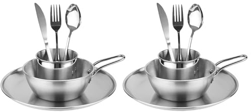 Camping Besteck Set für 2, ISFORU Edelstahl Geschirr Messetui inklusive Teller, Tasse, Schüssel, Besteck mit Netzbeutel, Geschirr-Utensilien-Set für Outdoor-Camping, Wandern und Picknick