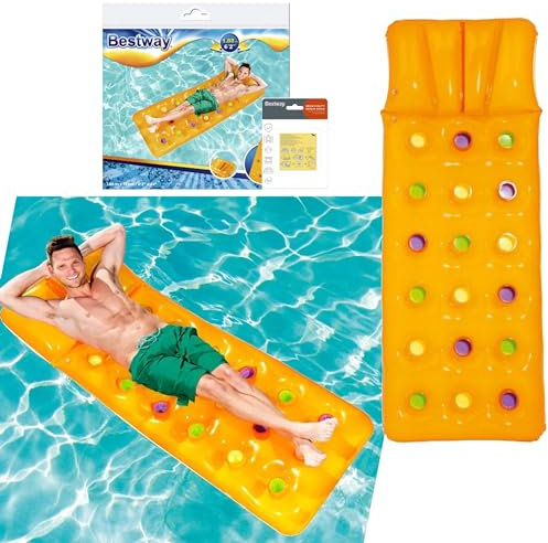 Pool Inflatables Lounger for Swimming Pool - Yellow Floating Mat Inflatable Float Raft Air Bed with a Pillow & Heavy Duty Patch Repair Kit. Sun Lounger with Topline Card. Great for Pool Summer Party