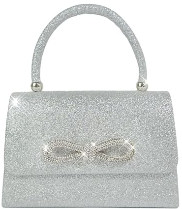 RPAEOY Women's Clutch Bags Elegant Bow Tie Glitter Evening Bag Shoulder Bag Chain Sparkly Crossbody Hand Tote Bag for Formal Prom Party Wedding Cocktail Silver