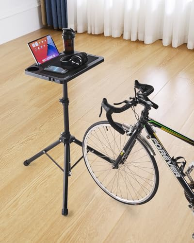 VEVOR Cycling Desk, Stationary Foldable Adjustable Bike Trainer & Treadmill Desk with Triangle Support, Non-Slip Multi-Slot Bike Trainer Fitness Desk with Handle Bar, Fit for Home Office Exercise