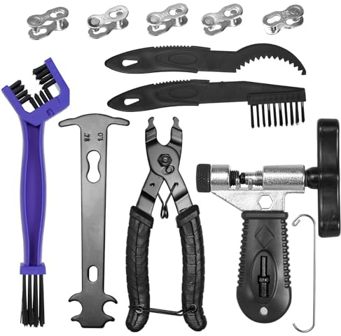 KNJOMZIE Fahrradkette Reparatur Set, Kettennieter mit Reinigungsbürste, Kettenzange und 5 Paar Nieten, für 6-12 Fach Ketten