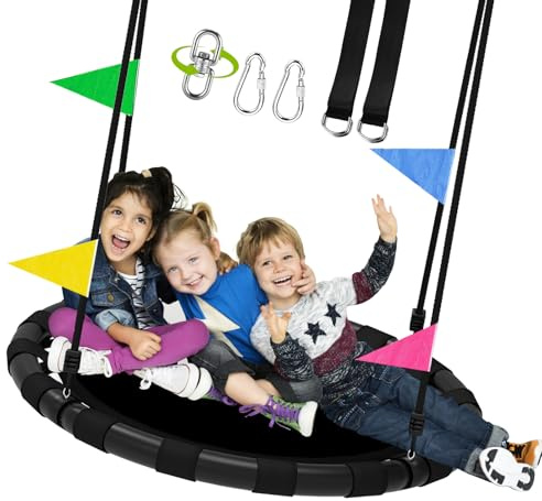 HeyZoo 48 Inch Saucer Swing for Kids & Adults, 900lbs Weight Capacity Heavy Duty Tree Swing Sets for Backyard with 2 Hanging Straps, Adjustable Ropes & Center Swivel Spinner, Gifts for Family, Black