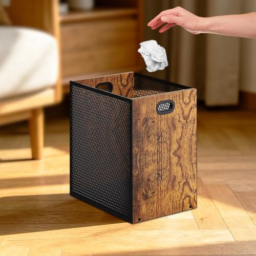 Ruioomeep Poubelle 16,8 l - Combinaison de fer et bois - Rectangulaire avec poignée - Style industriel pour chambre à coucher et bureau à domicile - Poubelle stable pour cuisine, maison et salon (28 x
