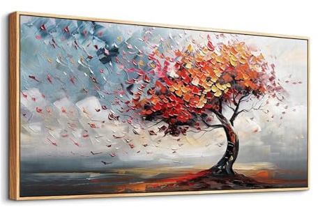 Artefizio Quadri Moderni Soggiorno Con o Senza Cornice Legno, Quadro Su Tela Grandi, Stampe da Parete Albero Della Vita Rosso, Decorazioni Parete Bagno Ufficio Sala Da Pranzo (120L x 60l cm)