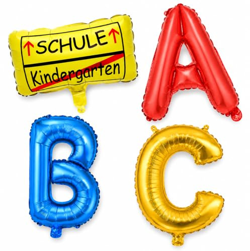 Einschulung Deko, ABC Schulstart Folienballon, Ortsschild Folien Luftballon | 4X Schulanfang Deko Folienballon mit Buchstaben Luftballon ABC & Ortsschild, Schulkind Deko Helium Ballon für Mädchen Junge