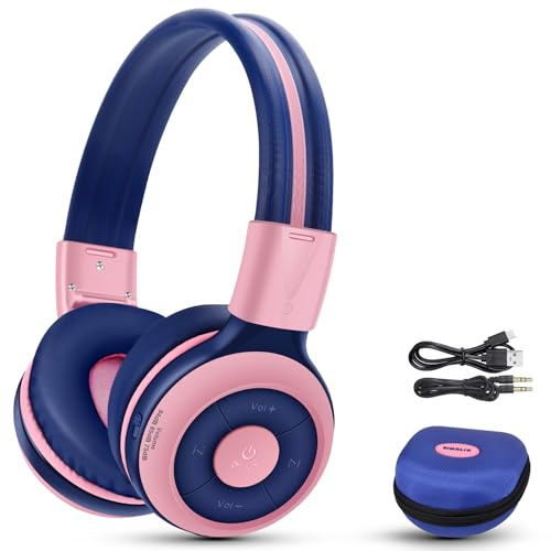 SIMOLIO Bluetooth Kids Headphones Volume Limited,Kids Safe Headphone with Share Jack,Wireless Headsets for Childrens, Bluetooth Teens Headsets for Kindle/Tablets/Car and Gift for Girls (Pink)