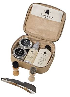 Famaco Trousse Evasion - Entretien Chaussures Cuir lisse, Daim Nubuck - Coffret Cadeau - 2 Pommadiers cuir, 1 Crème Délicate Cuir, 2 Brosses Spéciales, 1 Spray Daim, 1 Chamoisine, 1 Chausse-Pied