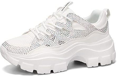 LUCKY STEP Women 90S Chunky Platform Rhinestone Sneakers-Casual Lace-Up Walking Dad Sneakers(White Rhinestone,8 B(M) US)