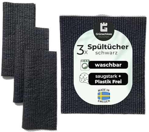 Grünschloss Strofinacci neri lavabili (3X) svedesi in cotone e cellulosa di legno, panni in spugna assorbenti per stoviglie, casa e cucina, stracci neri