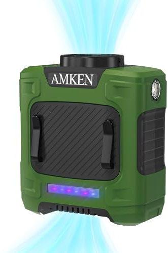 AMKEN Waist Fan, 10000mAh Rechargeable Belt Clip Fan, 24H Runtime, 49ft/s Strong Airflow, 3-Speed 7-in-1 Hands-Free Wearable with LED SOS Warning Light for Jobsite, Warehouse, Camping, Outdoor Work