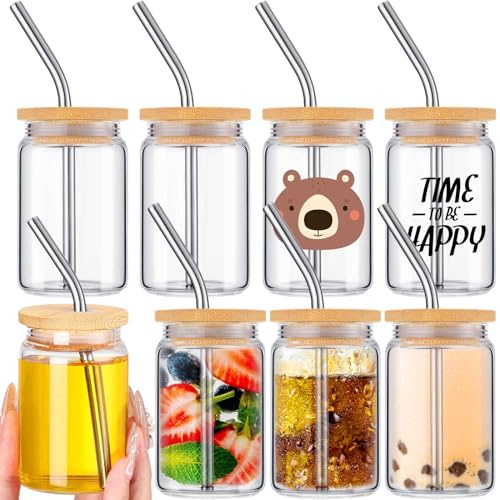 Nuogo 8 Pcs 3 oz Mini Tumbler Shot Glass with Straw and Lid Sublimation Tumblers Mini Glass Cups for Wedding Birthday Party Baby Shower Graduation(Transparent)