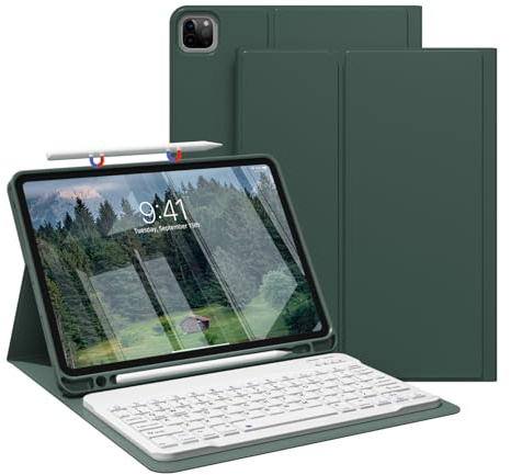 JKSML Hülle mit Tastatur für iPad Pro 11 Zoll 4./3./2.Gen (2022/2021/2020) | Soft TPU Schutzhülle mit Stifthalter, Abnehmbare Bluetooth Tastatur, QWERTZ Layout,Dunkelgrün