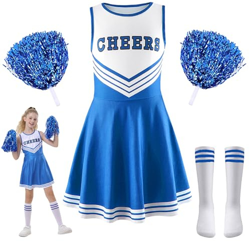 Cheerleader Kostüm Kinder,Cheerleader Pompoms,Cheerleadering Outfit Mädchen mit Pompons,Socken,Cheerleadering Outfit,für Verkleidung Karneval Party Cosplay Fasching Halloween,8-9 Jahre,BlauTag 140