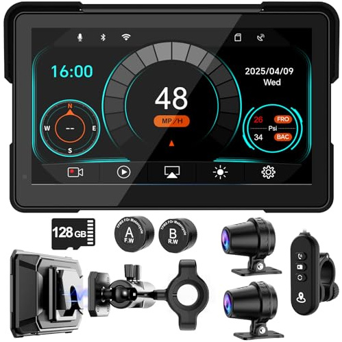 2026 LBW 7 Wireless GPS Motorcycle CarPlay(Includes 128G SD) with Android Auto Navigation, Dual 2K Dash Cam, HD Waterproof Screen, TPMS, Remote Control, BT, Quick Release Anti-Theft Design Mount