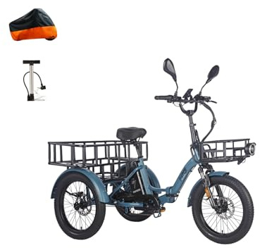 Fafrees F20 Mate Elektro-Dreirad | Klappbar, 48V Akku, 65Nm Motor | 20×3.0 Allwetterreifen, 180kg Lastenfähigkeit, Senioren-E-Bike (21Ah - mit Frontrahmen + großem Heckrahmen, Blauer Stil 1)