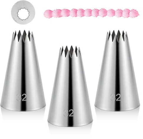 3 Pieces #32 Cake Piping Tip Open Star Icing Tip Seamless Icing Tips | Stainless Steel Cupcake Piping Tips for Frosting Macarons Dessert Cake Decorations, Sliver