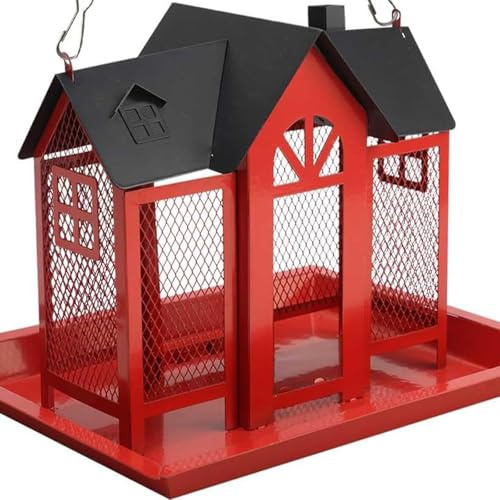 Strapazierfähiger Futterspender für Wildvögel, aus Metall, Eichhörnchen, sicher, für den Außenbereich, Hausform, großes Dach, großes Tablett für Garten, Hinterhof, robustes Vogelfutterhaus aus Metall