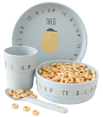 wunderwunsch personalisiertes LÄSSIG Kindergeschirr Set (Teller, Becher, Schälchen, Löffel) ohne Melamin, BPA-frei, für Spülmaschine und Mikrowelle/Dish Set (Zitronen)