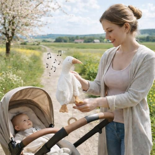 Efie Bio-Spieluhr Gans, Weiß, 100% Baumwollfrottee, Schurwolle-Füllung, GOTS-Zertifiziert, Handgefertigt, Made in Germany, 28 cm (Melodie: Brahms Wiegenlied, Guten Abend, gute Nacht)
