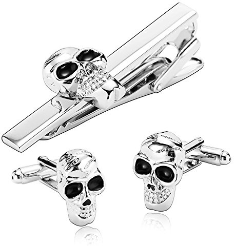 Beydodo Hemd Manschettenknopf Krawattennadel Vintage Gothic Schädel Totenkopf Hochzeit Herren Krawattenklammer Manschettenknöpfen Edelstahl Silber Schwarz