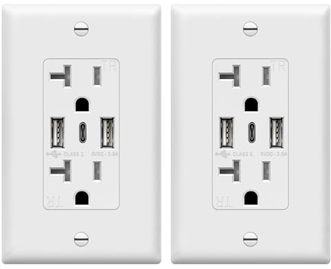 TOPGREENER USB Outlet, 3-Port Type C USB Wall Outlet, 20 Amp Tamper-Resistant Receptacle Plug, 20A Charging Power Outlet with USB Ports, UL Listed, TU22036AC3-2PCS, White, 2 Pack