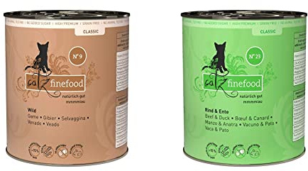 catz finefood N° 9 Wild Feinkost Katzenfutter nass, verfeinert mit Kartoffel & Preiselbeere, 6 x 800g & N° 23 Rind & Ente Feinkost Katzenfutter nass, verfeinert mit Cranberry & Aloe Vera, 6 x 800g
