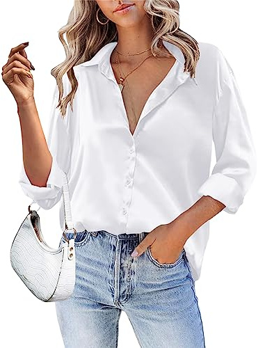HOTOUCH White Silk Women's Long Sleeve V Neck Shirts Satin Business Work Button Down Tunic Blouse Spring Tops White L