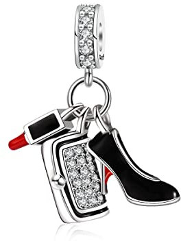 Symretie Damen Reisen Charms Anhänger 925 Sterling Silber Lippenstift High Heels und Handtasche Charms für Europäischen Armband und Halskette Geschenke für Frauen