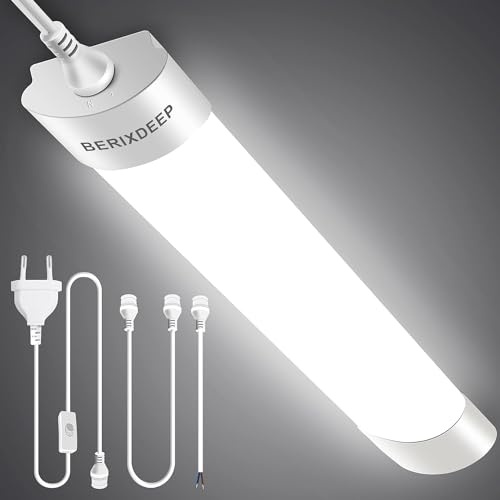 BERIXDEEP Feuchtraumleuchte LED 60cm mit 3m Stecker, Plug-and-Play, 4000K | 18w 1800lm Naturweiß Werkstattlampe für Garage, Keller, Werkstatt, Büro, Decken, Balkon, Verbindbar, IP65, Wasserfest