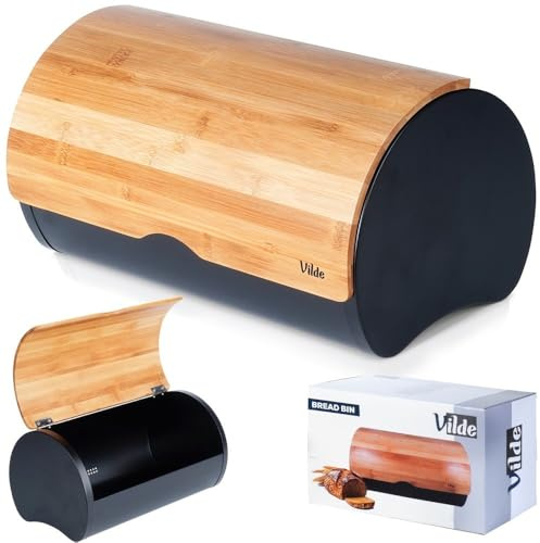 Vilde - Brotkasten metall - Brotbox - Brotbehälter aus Stahl und Holz - Bread box - Brot aufbewahrungsbox - schwarz - 38 x 24 x 20 cm