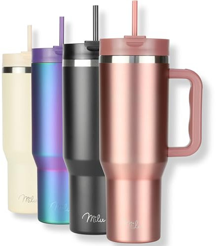 Milu Thermobecher 1,2L mit Strohhalm und Henkel – 48h Eis/24h kalt/12h heiß Edelstahl Tumbler 40oz mit Griff - Isolierbecher to go - Isolierflasche Trinkflasche doppelwandig isoliert (Rose Gold, 1,2L)