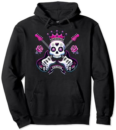Cute Punk Skull Princess Rockstar Guitar Band Rock'n Roll Pullover Hoodie