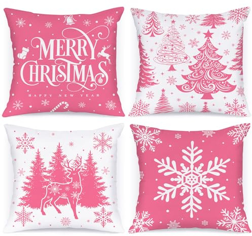 Lanpn 45 x 45 cm 4 Stück Kissenbezug Weihnachten, 45x45 cm Weihnachtsbäume Kissenbezüge Weihnachtsdeko, Rosa deko Weihnachtsbäume Zierkissenbezug, Winter Kissenhülle Dekoration für Sofa Bed Couch
