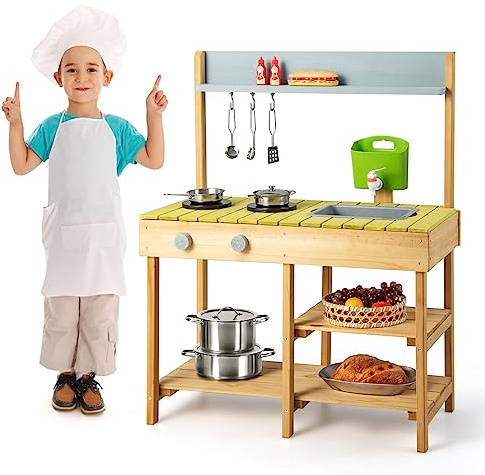 FANTASK Cocina de Barro para Niños al Aire Libre, Cocina de Juguete con Gancho y Estante extraíble, Cocina Infantil de Madera con función de Agua, Regalo para Niños a Partir de 3 años