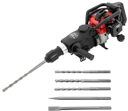 Levkitch Demolition Hammer Pick Crushing Drilling 32.7CC 2 Stroke Petrol Concrete Breaker Pneumatic Drill Single Impact Force Hammer with Point Flat Chisel Bits,3xDrills