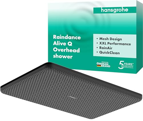 hansgrohe Raindance Alive Q - Kopfbrause, Duschbrause (340 x 210 mm), Regendusche mit 1 Strahlart für Wand- oder Deckenmontage, Brausekopf mit Antikalk-Funktion, Mattschwarz, 24530670