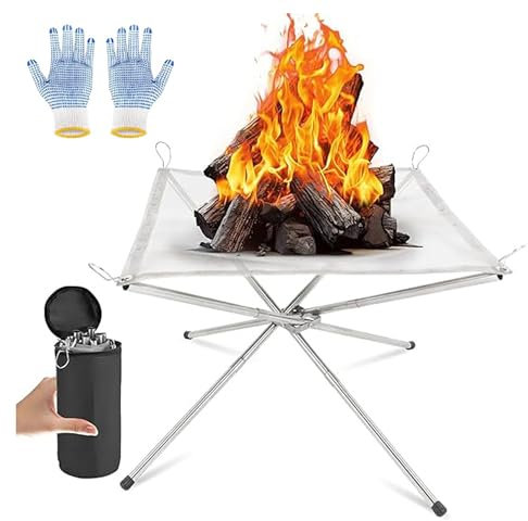 Portable Fire Pit for Camping, Outdoor Foldable Firepit Fireplace with Heat Resistant Gloves & Carrying Bag, Stainless Steel Mesh BBQ Fire Bowl for Picnics, Bonfire, Patio, Backyard, Garden