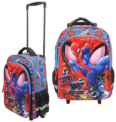 Spider-Man Kids 16-Inch Rolling Backpack with Wheels and Trolley Handle | Peter Parker and Miles Morales wheeled backpack with padded straps, trolley handle and organized pockets