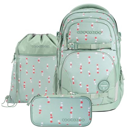 coocazoo Schulrucksack-Set Porter „Dancing Dots, Mint, 3-teilig | ergonomischer 35L Tornister, mit Brust- und Hüftgurt, für Kinder ab der 5. Klasse, inkl. Schlampermäppchen und Turnbeutel