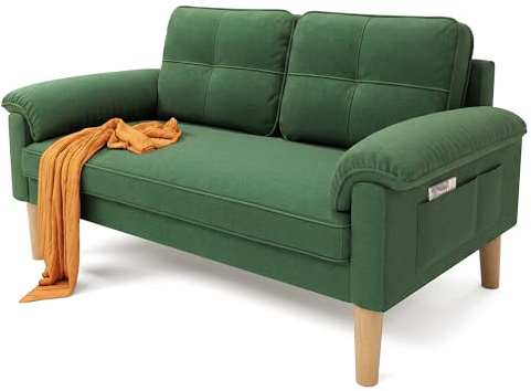 Xbro 2-sits soffa, kompakt tygsoffa med armstöd och sidoficka, soffa för vardagsrum och lägenhet, 144 x 77 x 77 cm, Grön