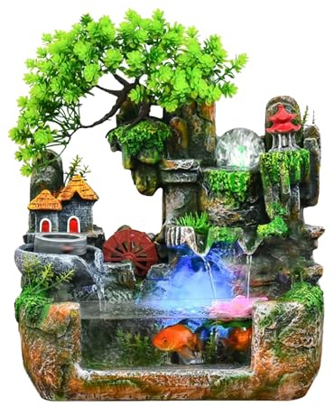 Upgraded Resin Tabletop Waterfall Fountain with LED Mist, Mini Fish Tank & DIY Rockery Landscape – Relaxing Desktop Fountain for Office, Bedroom & Home, Quiet Indoor Water Feature