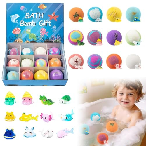 Set regalo di 12 bombe da bagno per bambini, Bombe da bagno per bambini con una sorpresa all'interno, Bombe da Bagno oceano a Sorpresa, Bombe da bagno schiumose, bombe da doccia per bambine e bambini